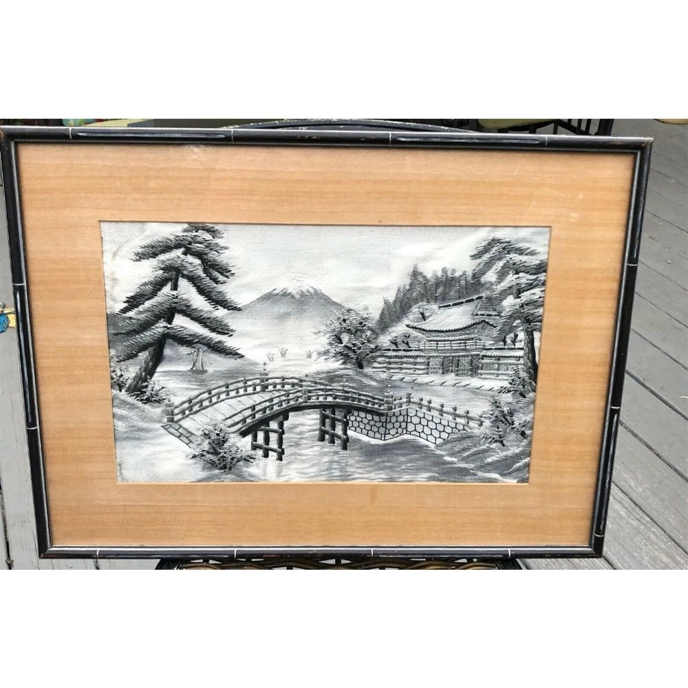 VINTAGE JAPANESE SILK EMBROIDERED PICTURE MT FUJI HOUSE RIVER BRIDGE GRAY SILVER